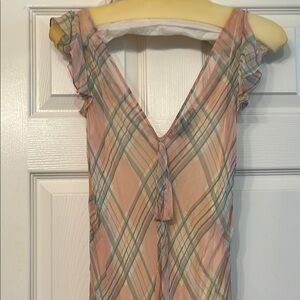 Plaid V-Neck Ruffle Sleeve dress 100% silk